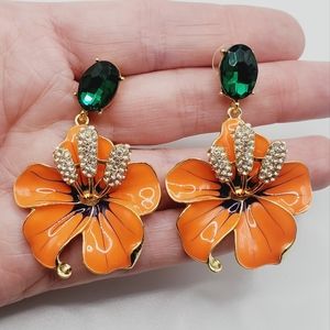 Hibiscus earrings crystals 3D sparkly gold enamel orange pierced tropical